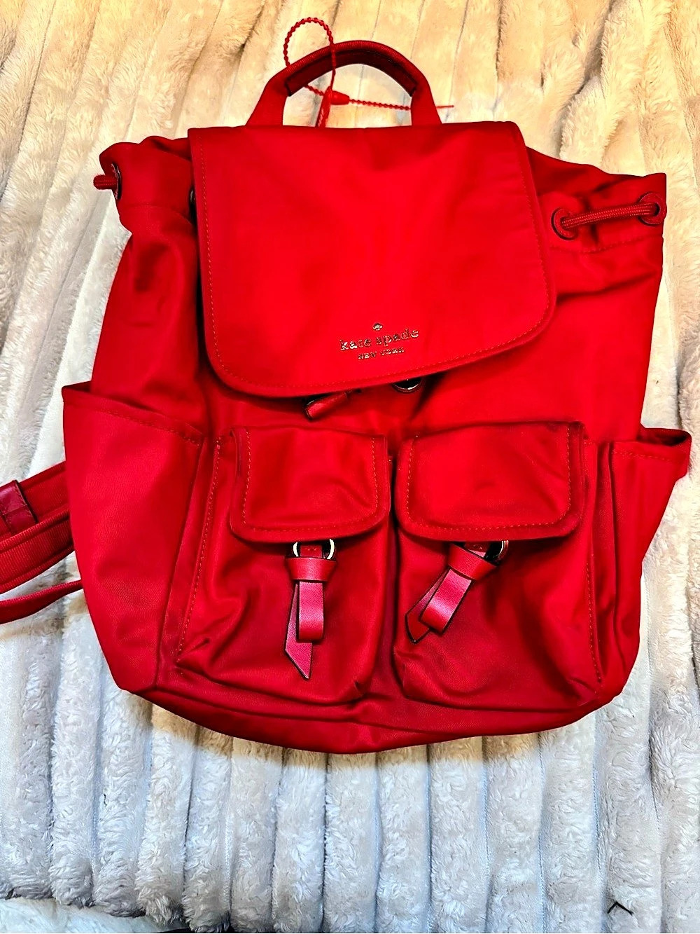 Kate Spade Carley Flap Backpack Red Nylon Drawstring Bag WKR00122